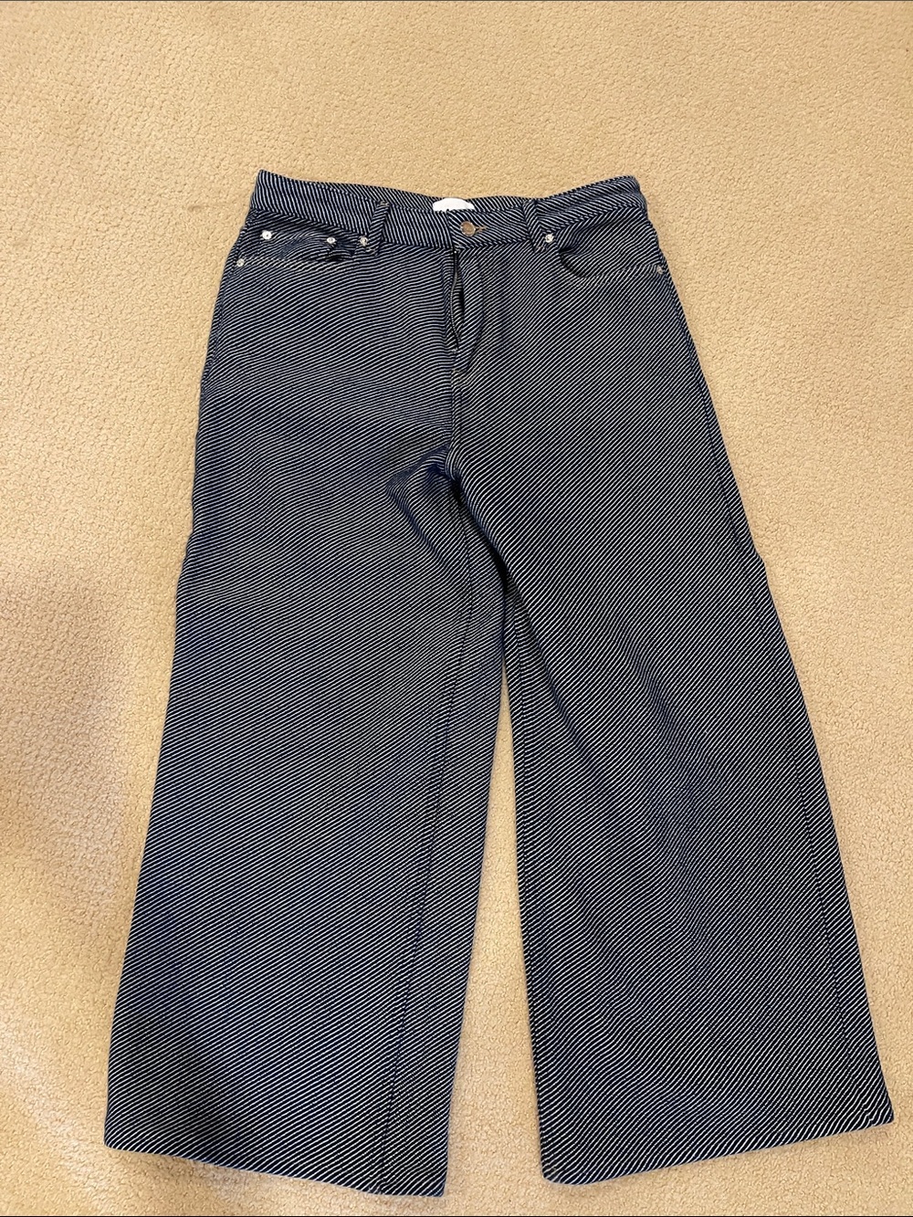 Ganni Navy and White Striped Wide-Leg Jeans